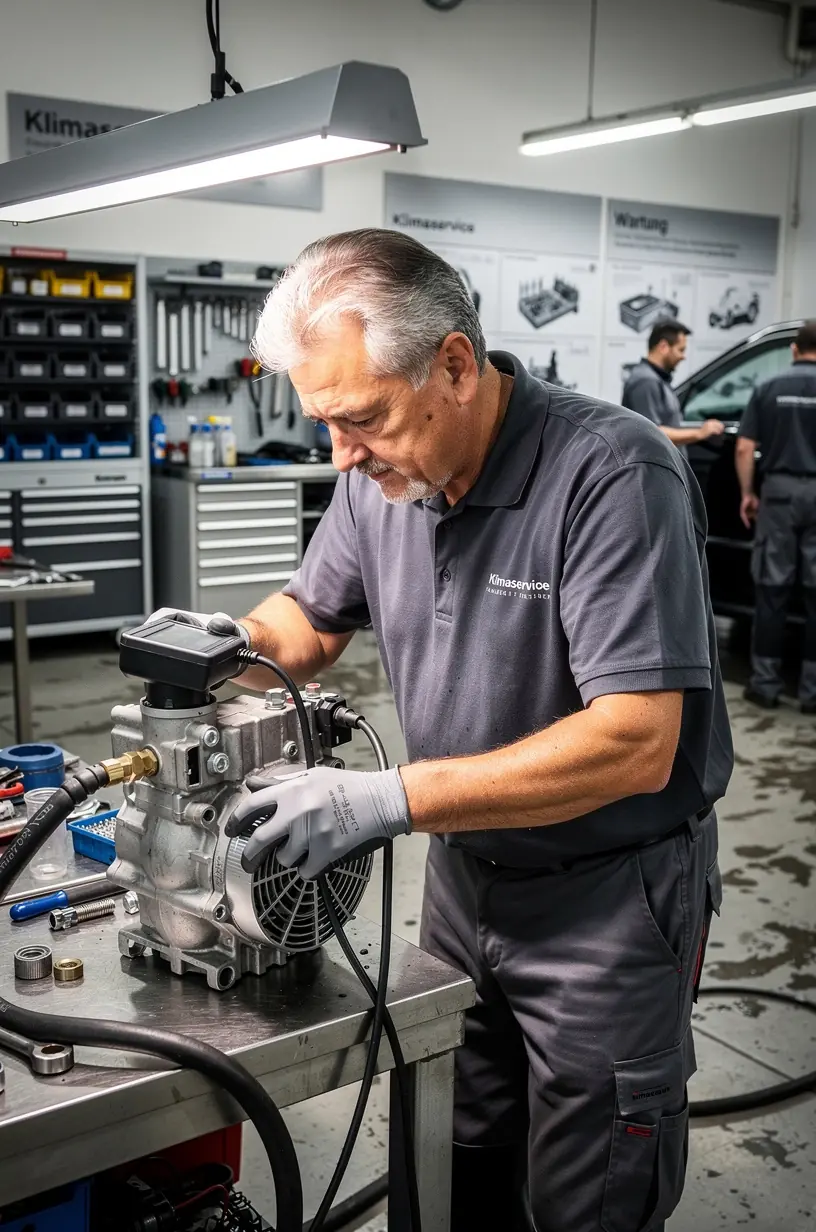 Sicht auf das Innenleben einer Auto-Klimaanlage während einer Reparatur in einem spezialisierten Zentrum