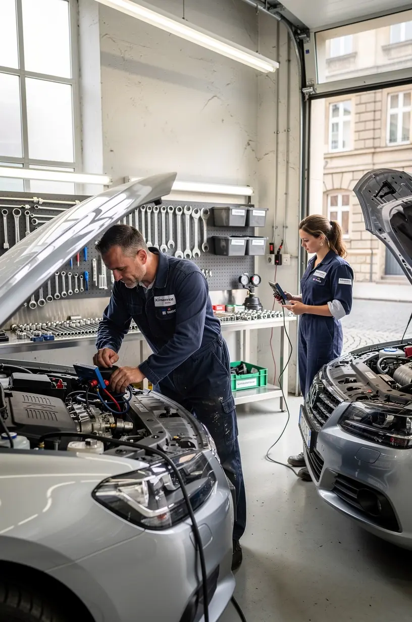 Moderne Diagnosegeräte zur Fehlererkennung in der Fahrzeugklimaanlage in einer deutschen Werkstatt