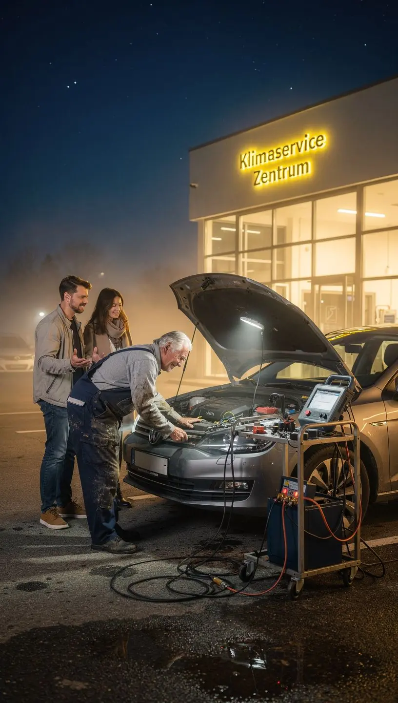 Nahaufnahme eines Kühlsystems mit Diagnosegeräten in einer Fachwerkstatt für Fahrzeugklimaanlagen
