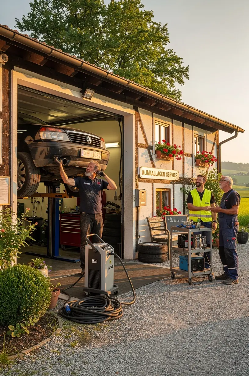 Klimaanlagenwartung in einer spezialisierten Werkstatt mit professioneller Ausrüstung und Experten